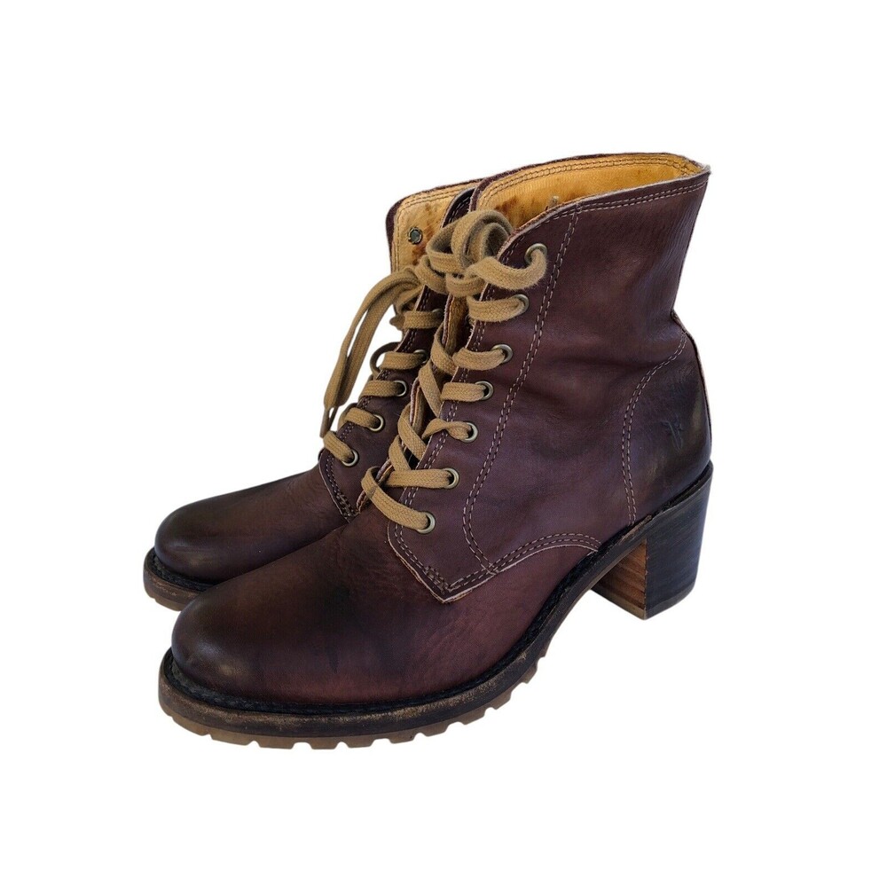 Frye Sabrina 6G Brown Leather Lace Up Chunky Heeled Combat Ankle Booties 7.5